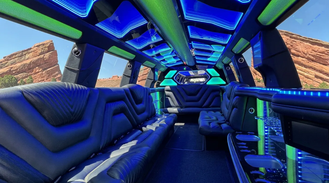 Inside the Chevy Suburban limo in Monument: LED light-show ceiling, leather lounge seating and lit bar