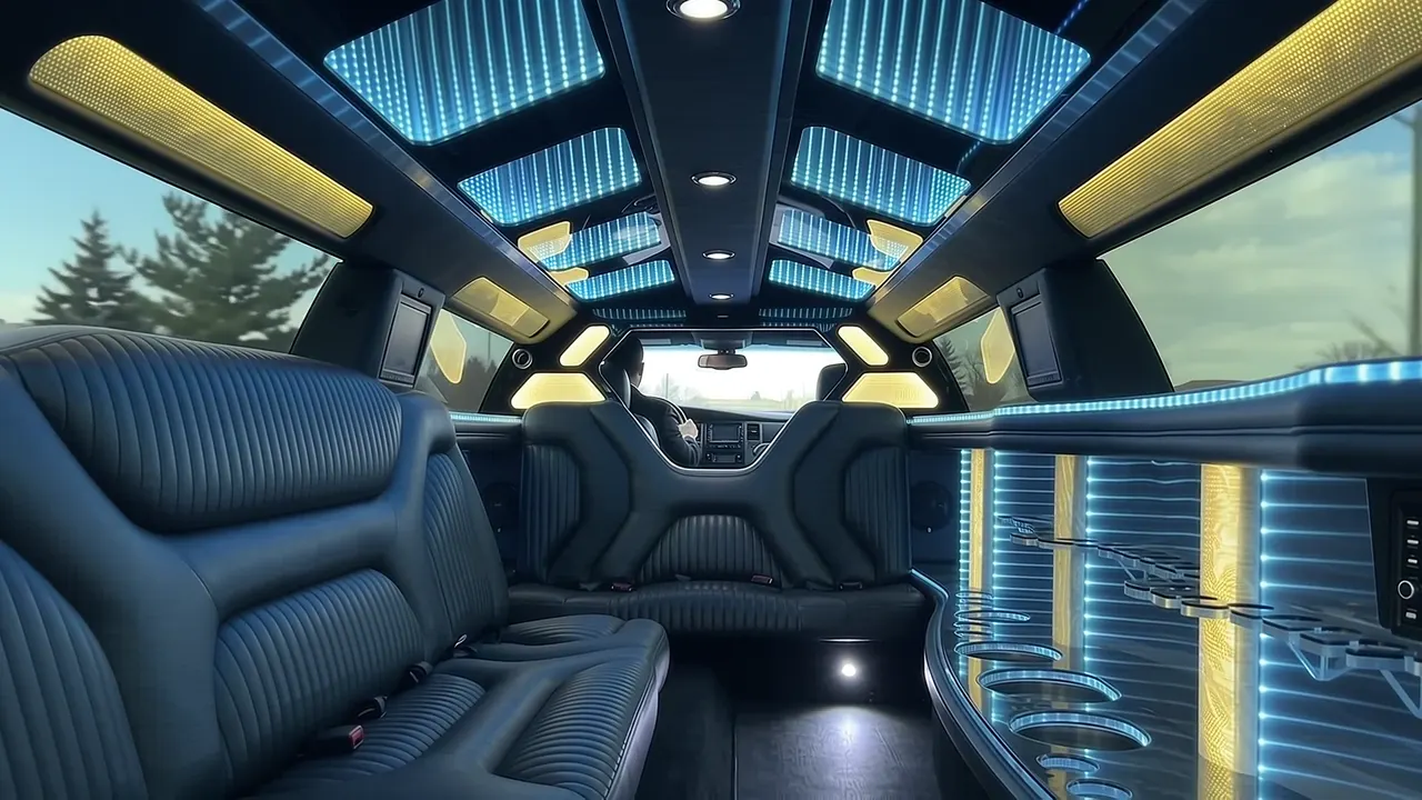 Inside the Dodge Charger limo in Monument: LED light-show ceiling, leather lounge seating and lit bar