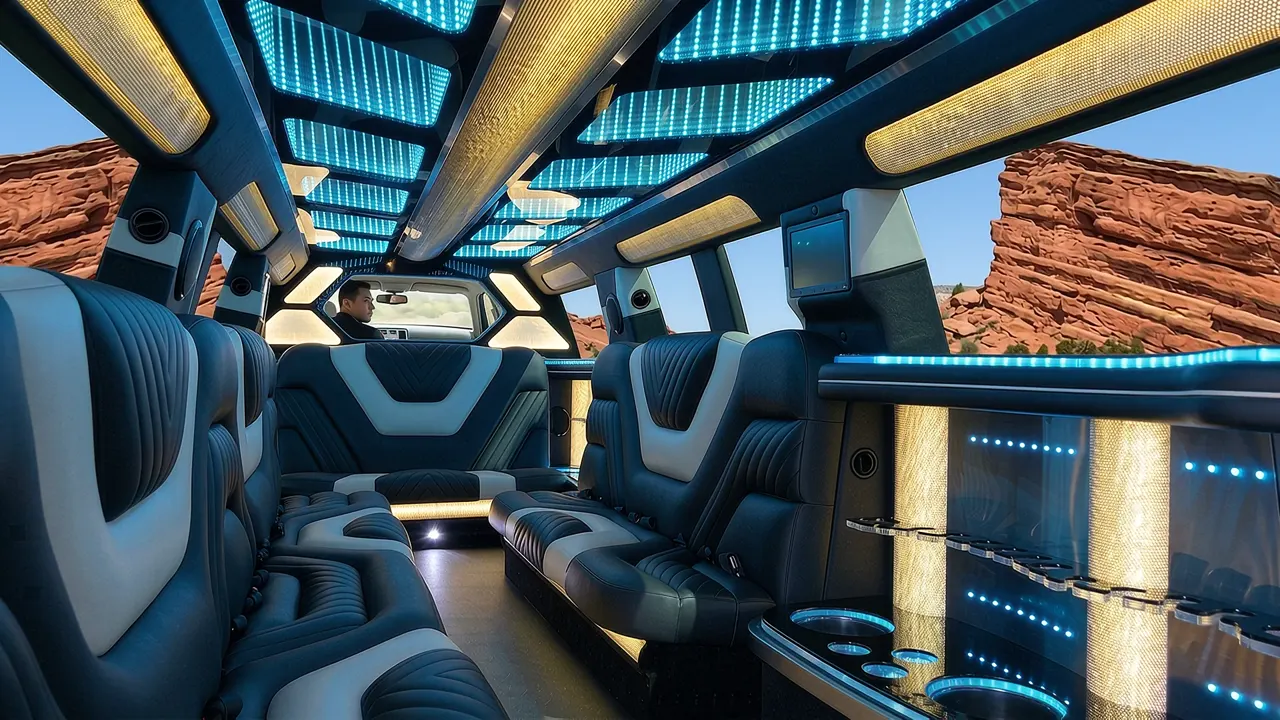Inside the Mercedes GLS limo in Monument: LED light-show ceiling, leather lounge seating and lit bar